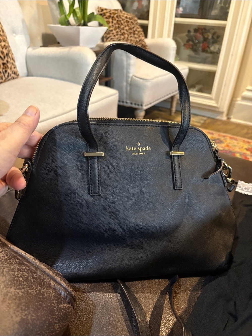 kate spade black dome satchel with gold hardware